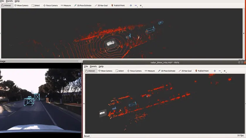 Analysis interface showing camera imagery, spatial returns, and detected road users.