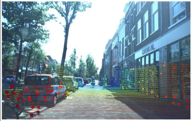 Daylight street scene paired with sparse spatial returns.