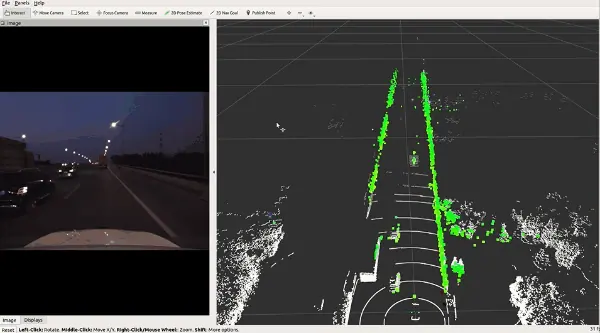 Night road research visualization with a camera view beside sparse spatial returns.