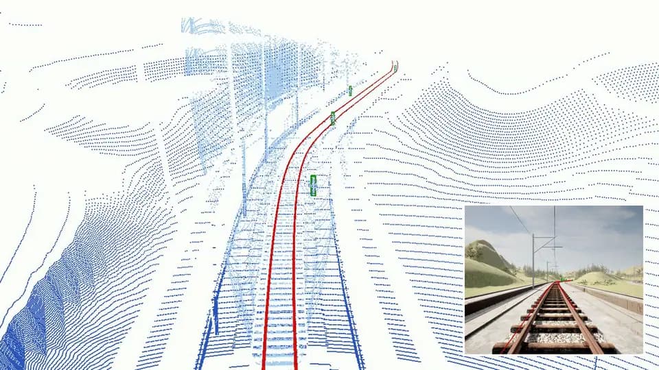 Research visualization of rail geometry, detected objects, and a forward cab view through a curved corridor.