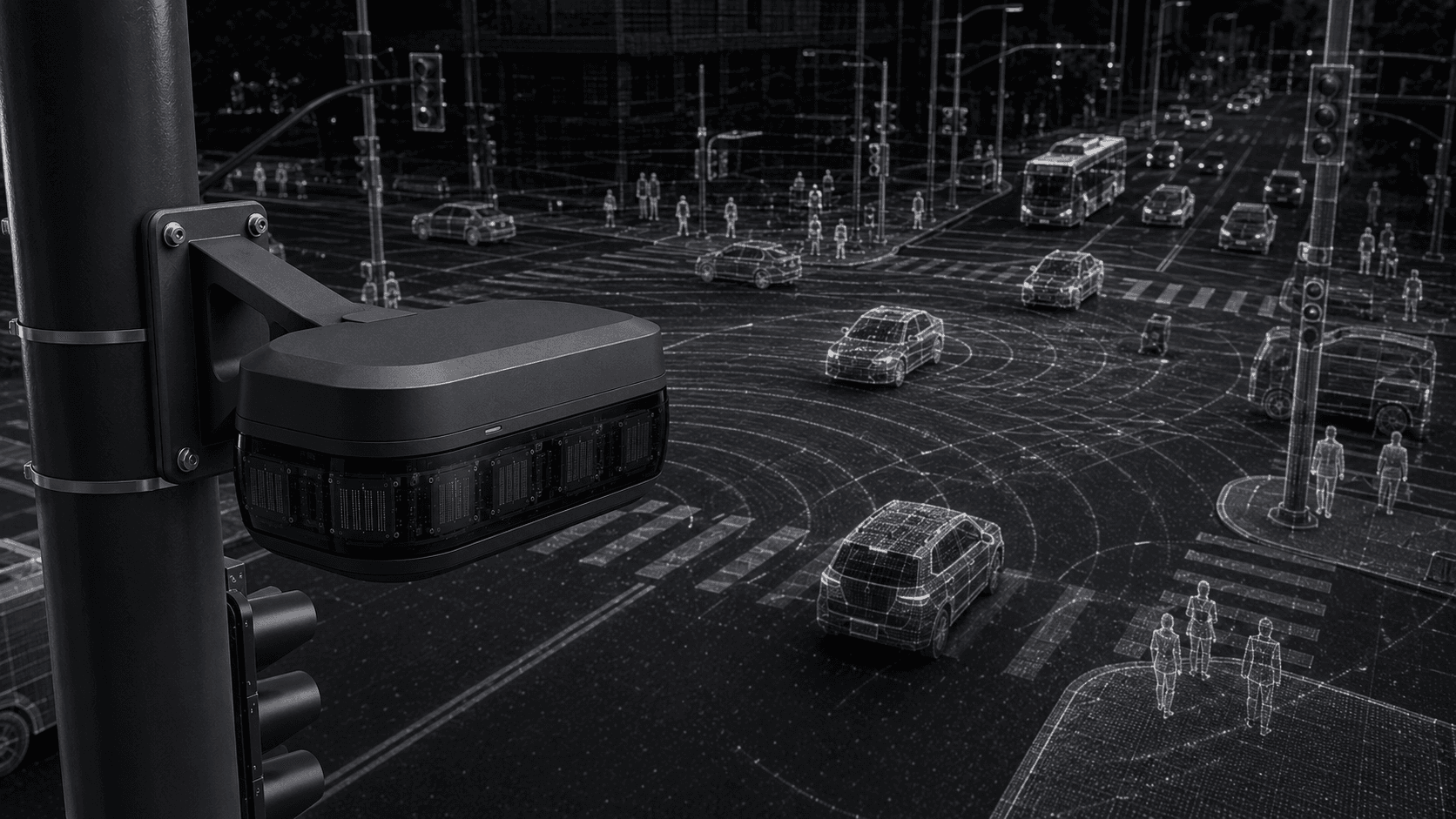 QVET Node sensing vehicles and pedestrian demand across an urban intersection.